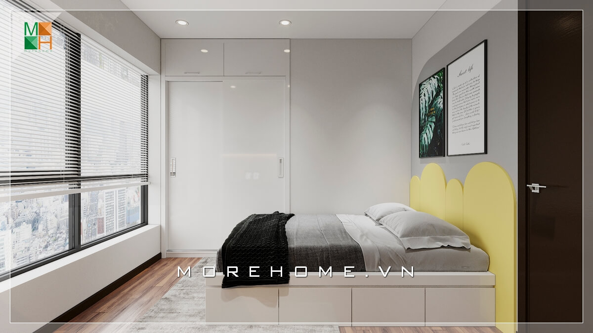 Mẫu giường ngủ khung gỗ hiện đại hướng ra phía cửa sổ thiết kế rộng, sắc vàng đầu giường nổi bật tạo điểm nhấn cho căn phòng ngủ chung cư. Thiết kế nội thất phòng ngủ chung cư hiện đại