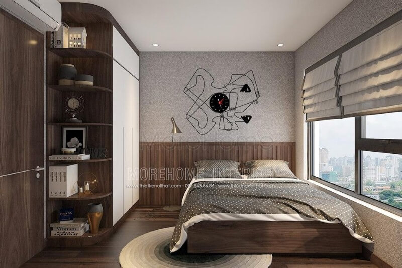 Kệ trang trí vát góc đẹp cho phòng ngủ nhỏ, hiện đại. Thiết kế phòng ngủ nhà phố