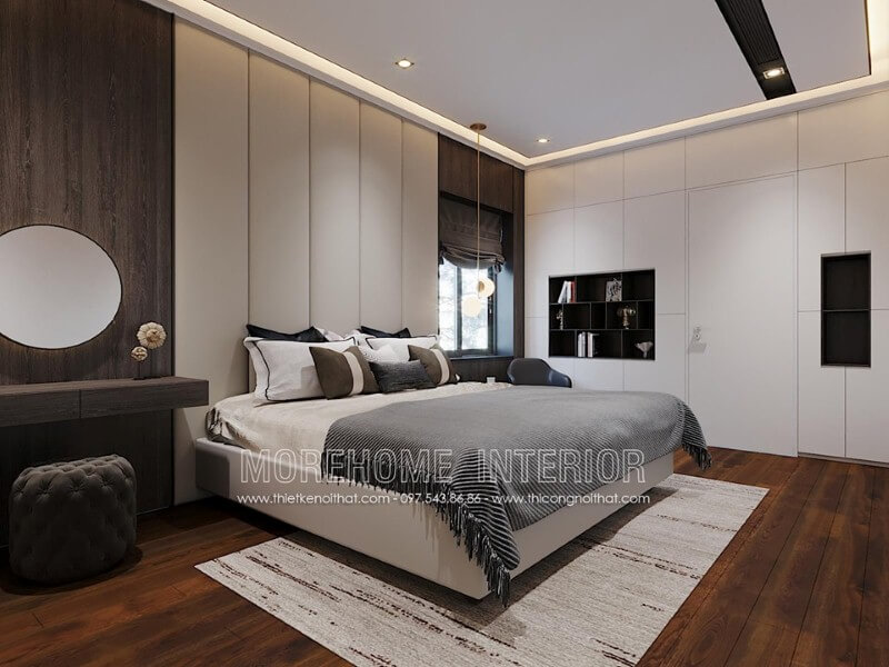 Thảm trải sàn trắng vân sọc lớt phớt tạo nên vẻ đẹp mới lạ độc đáo cho phòng ngủ hiện đại. Thiết kế phòng ngủ nhà phố