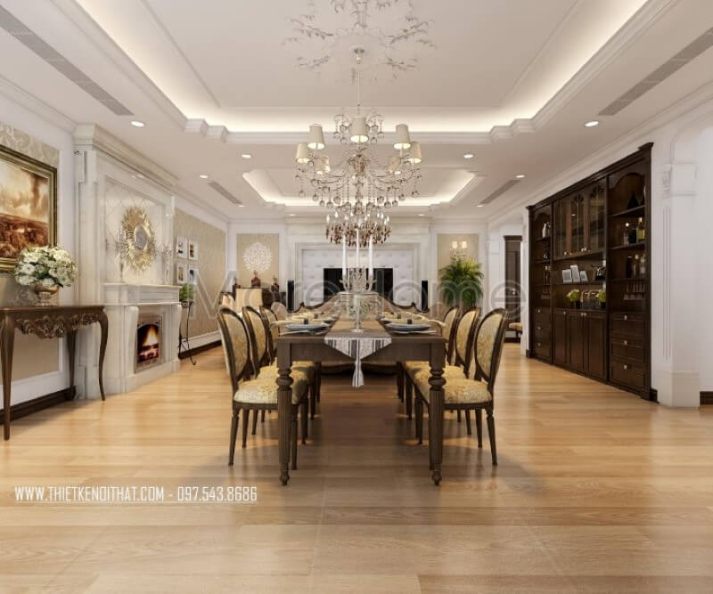 Thiết kế phòng ăn chung cư tân cổ điển liền kề phòng khách mang đến sự tiện lợi và linh hoạt cho không gian sống cho gia chủ Nội thất chung cư tân cổ điển đẹp