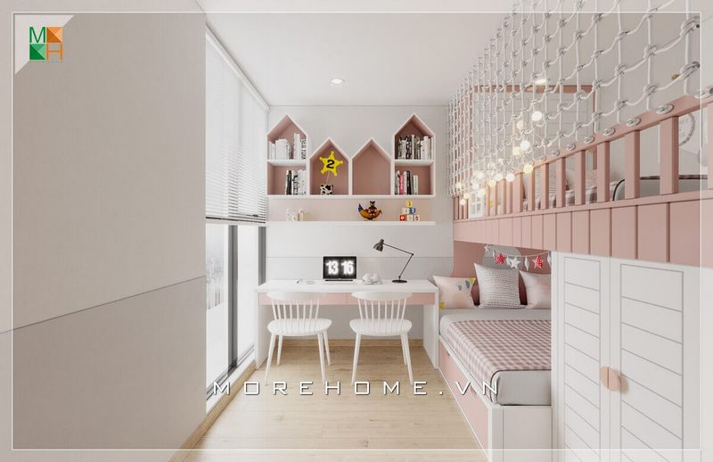 Mẫu bàn ghế học kết hợp giá để sách hiện đại màu hồng và trắng, thiết kế phù hợp với không gian phòng ngủ bé gái.