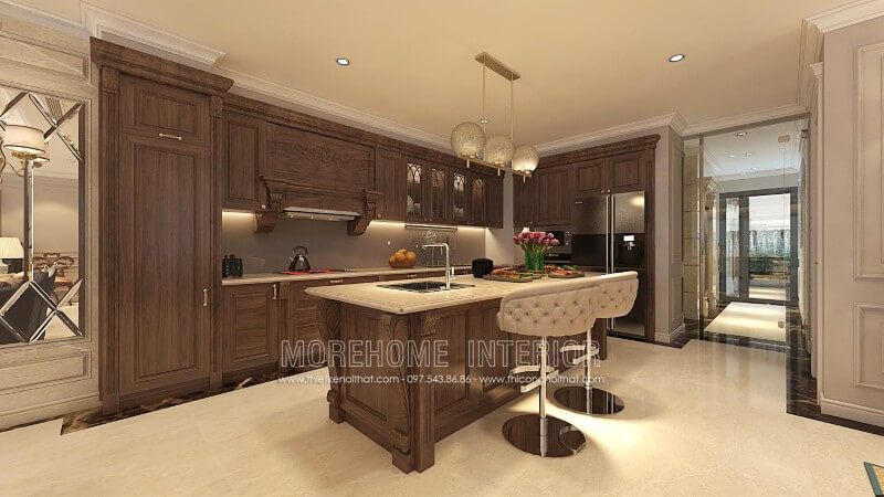 .
Mẫu tủ bếp gỗ óc chó kiểu dáng chữ i song song cung cấp nhiều khoảng không gian lưu trữ giúp căn bếp biệt thự gọn gàng. Kết hợp với bàn ăn phụ, các bạn có thể trang trí thêm cho căn bếp để tạo nên sự sinh động, ấn tượng và có những bữa ăn ngon miệng và nhanh chóng hơn.