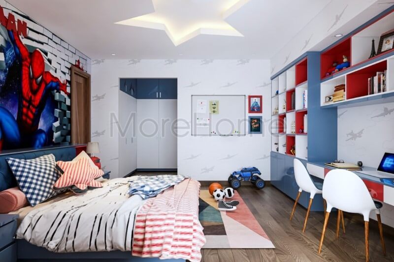 một không gian thân thiện Để tạo ra một không gian thân thiện cho bé trai, thiết kế nội thất phòng ngủ của họ với tông màu chủ đạo là đỏ và xanh khơi dậy nguồn sáng.